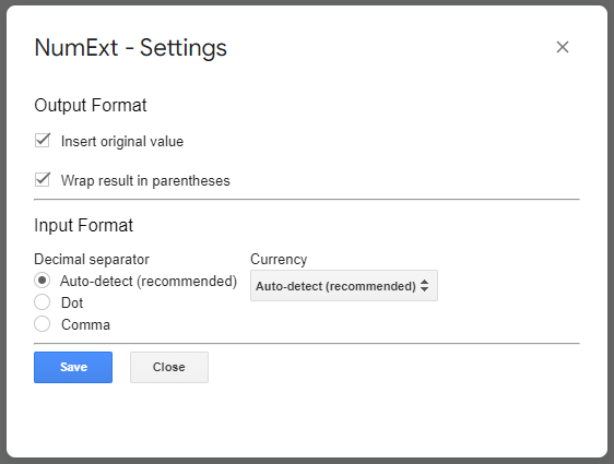NumExt Settings Modal
